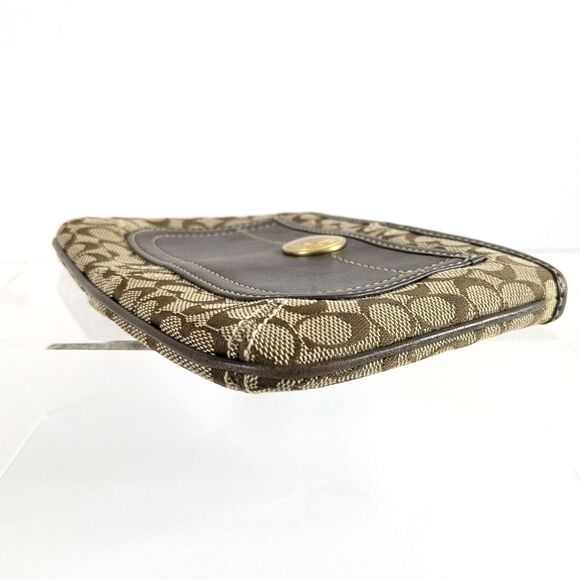 Coach Brown and Tan Leather Canvas Signature C Logo Jacquard Wristlet - Picture 5 of 9
